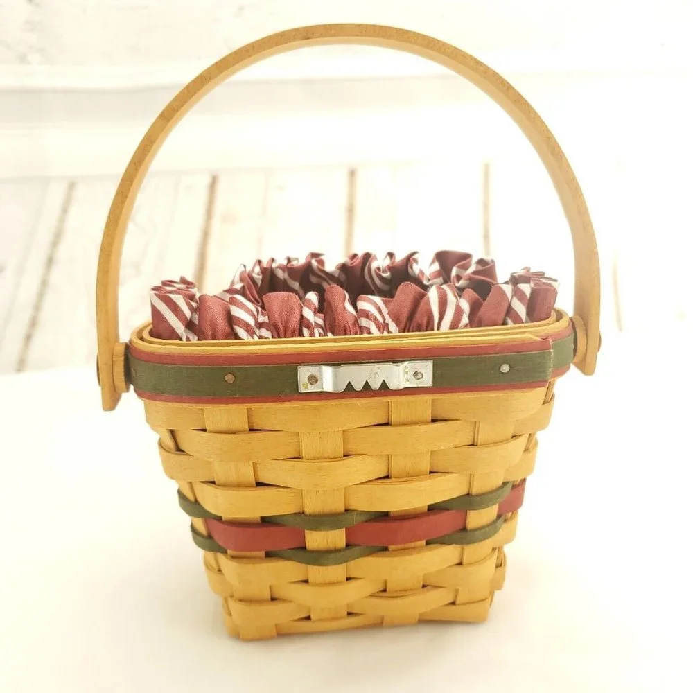 Longaberger Wooden Single Handle Red Striped Liner Handwoven Picnic Basket